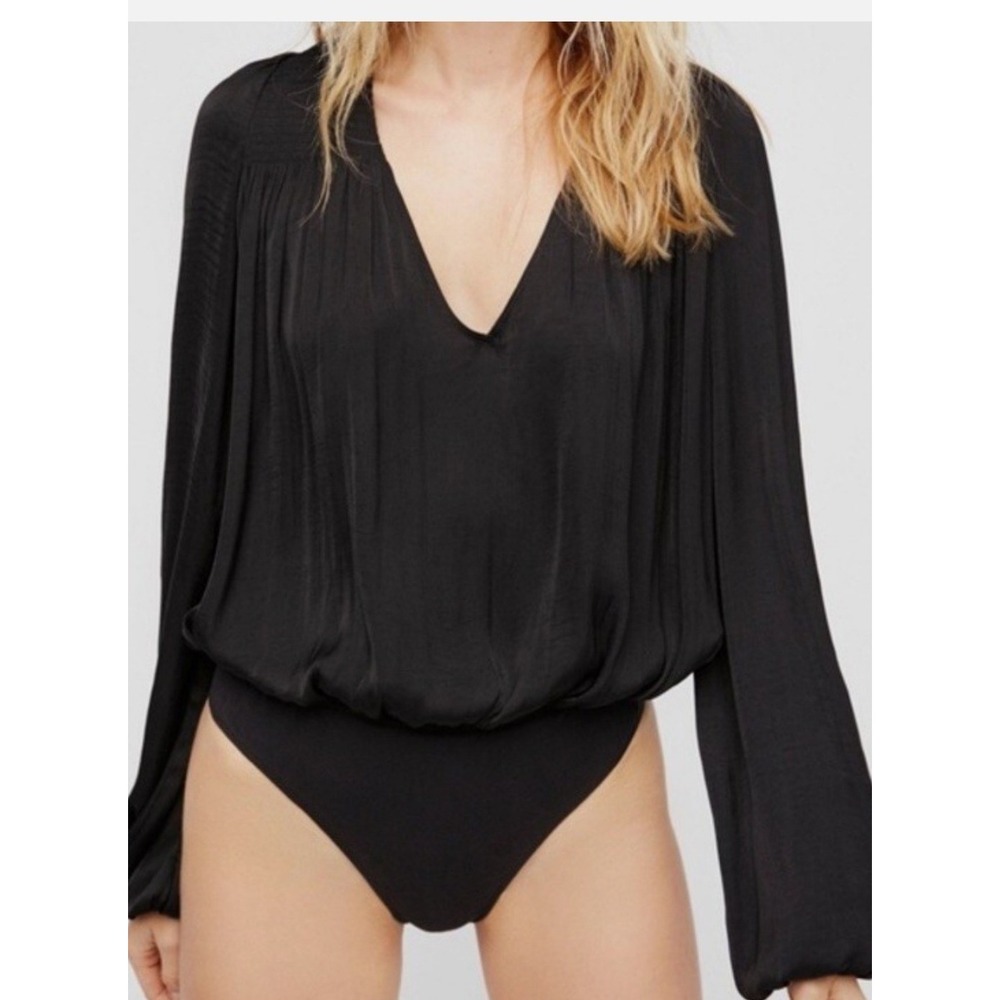 Free People Intimately Bodysuit Womens S Black New V-Neck Pleated Bishop Sleeve